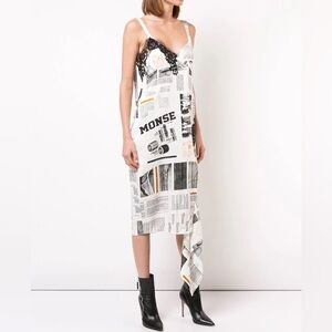 MONSE White Newspaper-Print Asymmetrical Slip Dress with Black Lace